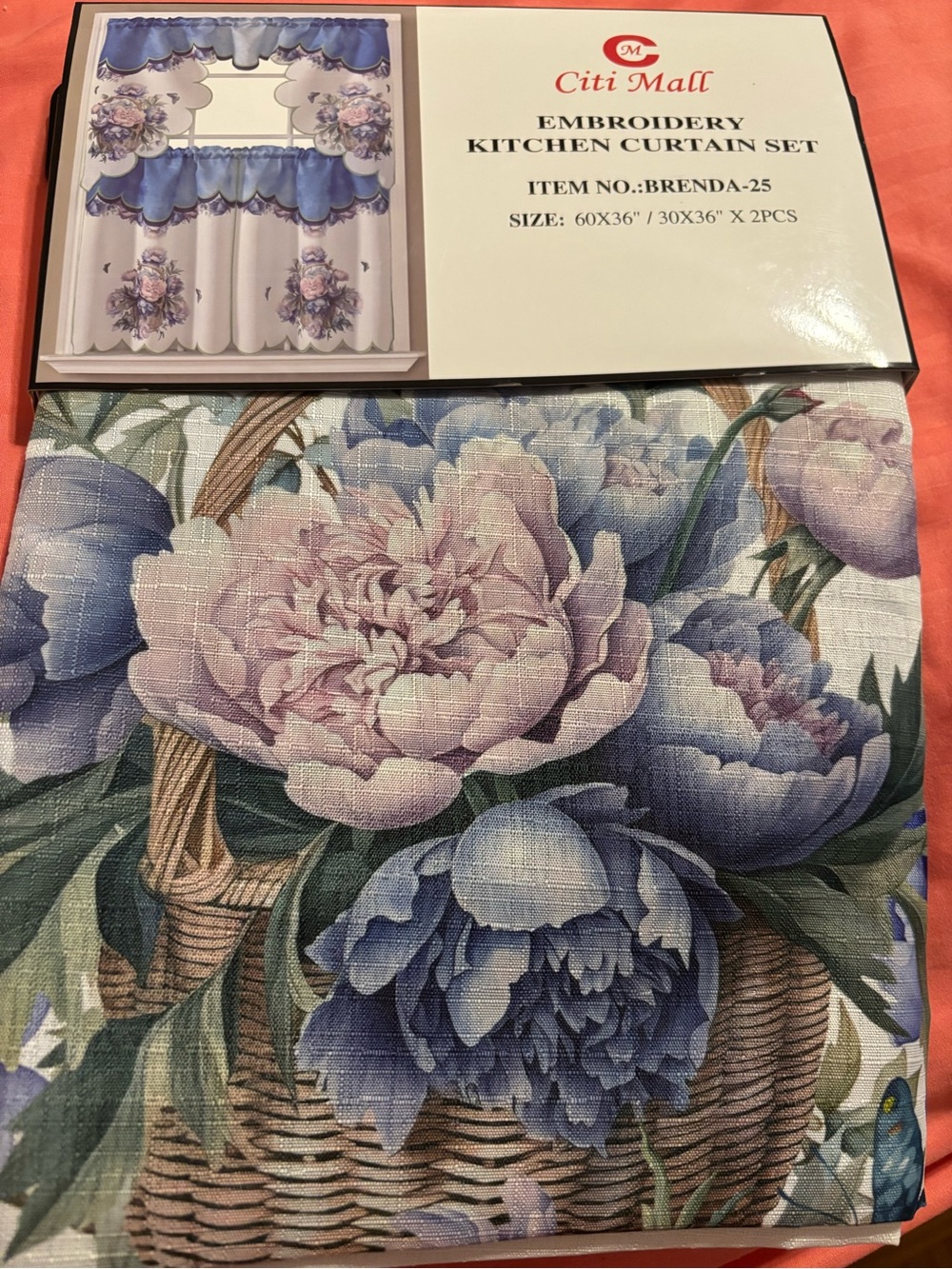NIP Citi Mall Embroidery Kitchen Curtain Set Brenda-25 Floral Basket Blue Pink